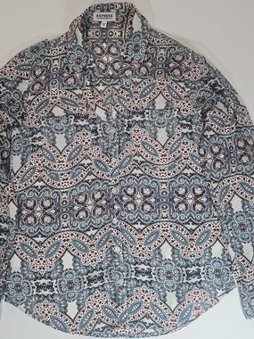 Express Portofino Shirt Womens XS Blue Pink White Paisley Y2K Boho Career Wear